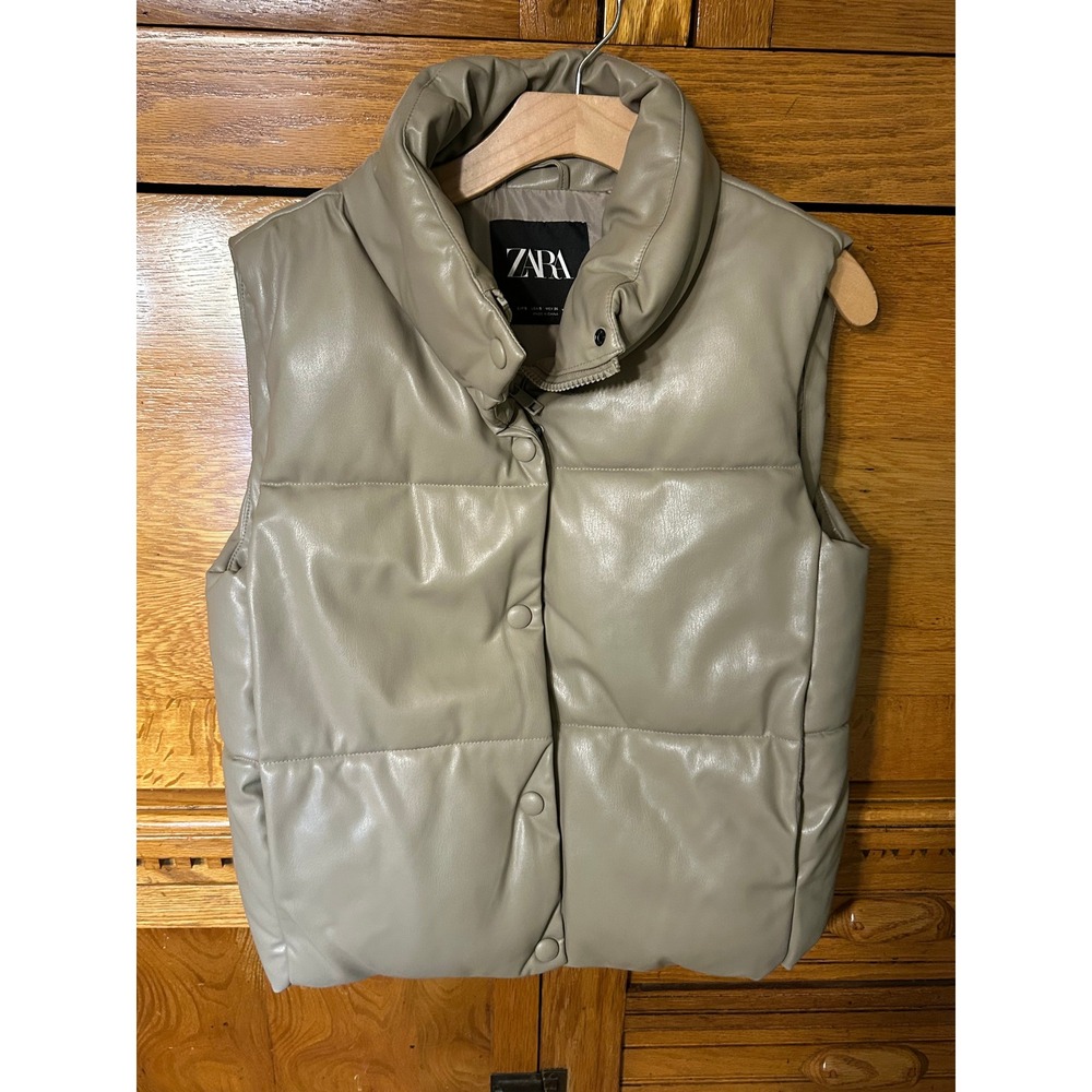 Zara Y2K Streetwear Fall Faux Leather Puffer Vest Taupe Gray Quilted Sleeveless